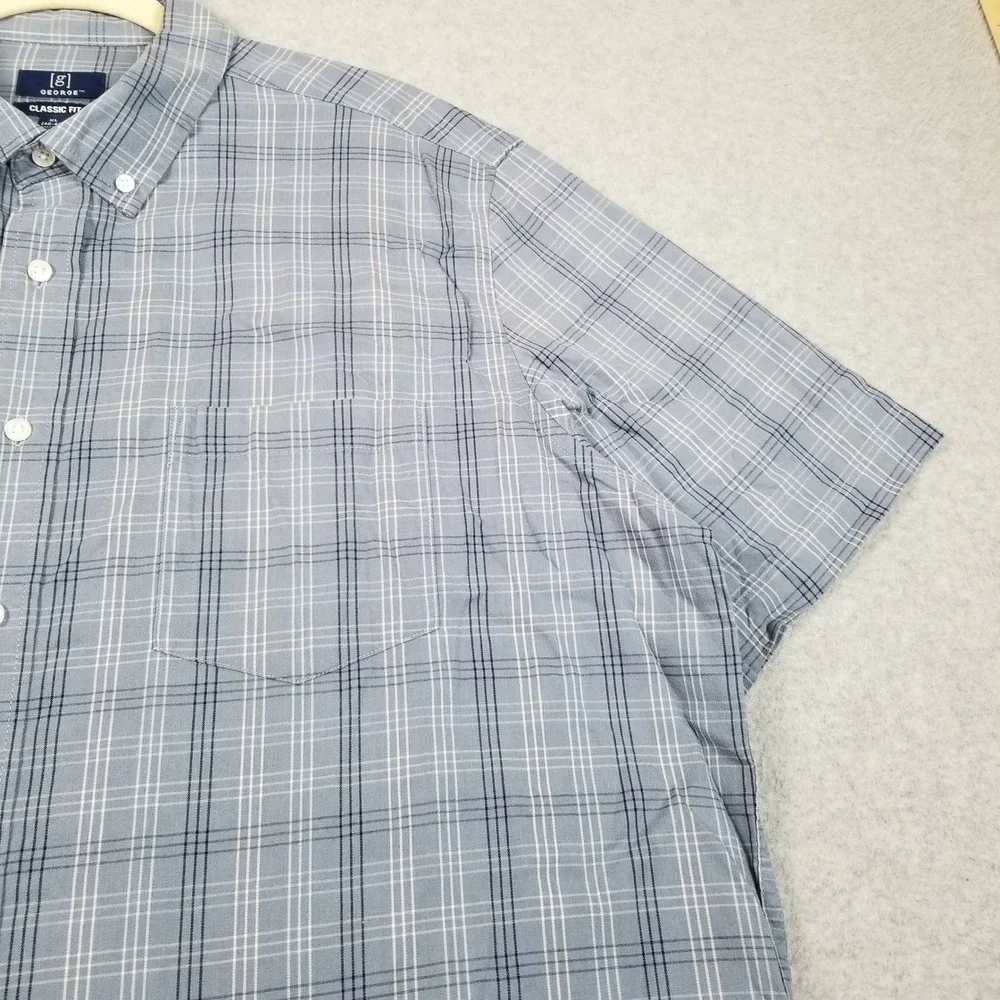 George Button Up Shirt Mens XL Blue Plaid Classic Fit Short Sleeve Casual Work